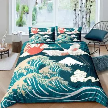 Пододеяльник с японским журавлем King Queen Size Wave Flower Ukiyo-e Style Комплект постельного белья Восточная культура 23 шт. Полиэстеровый пододеяльник 70x133cm 2pcs