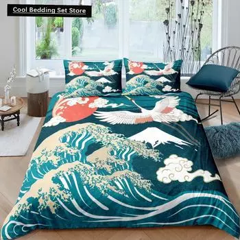 Пододеяльник с японским журавлем King Queen Size Wave Flower Ukiyo-e Style Комплект постельного белья Восточная культура 2/3 шт. Полиэстеровый пододеяльник EU single(135x200cm)