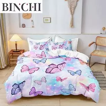 Пододеяльник с радужной бабочкой, розовый цветок, пододеяльник для детей, комплект постельного белья для детей, мальчиков, девочек, подростков, покрывало для украшений EU single(135x200cm)