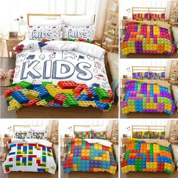 Пододеяльник с разноцветными блоками размера King-Queen, комплект постельного белья с конструктором для детей, мальчиков и девочек, оранжевый, синий, забавный кирпичный чехол из полиэстера EU Single 135x200cm