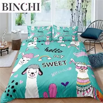 Пододеяльник с рисунком альпаки, милый комплект постельного белья с рисунком ламы, покрывало для мальчиков и девочек, подростков, декор для спальни с изображением животных, зеленый EU single(135x200cm)