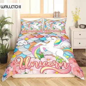 Пододеяльник с рисунком единорога и чешуей русалки, комплект постельного белья с геометрическим узором, покрывало для близнецов, полный комплект для детей, девочек и подростков, декор комнаты EU single(135x200cm)