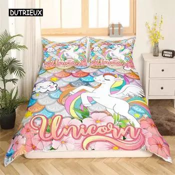 Пододеяльник с рисунком единорога и чешуей русалки, комплект постельного белья с геометрическим узором, покрывало для близнецов, полный комплект для детей, девочек и подростков, декор комнаты EU single(135x200cm)