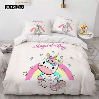 Пододеяльник с рисунком из мультфильма «Единорог», комплект постельного белья, милый комплект постельного белья для малышей, девочек, подарок, украшение для спальни EU single(135x200cm)