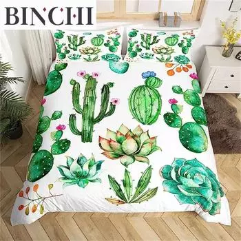 Пододеяльник с рисунком кактуса, зеленые растения, суккуленты, постельное белье, пододеяльник для детей и подростков, природа, искусство, мягкая микрофибра, спальня, декоративная EU single(135x200cm)