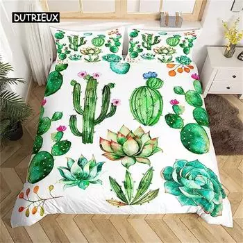 Пододеяльник с рисунком кактуса, зеленые растения, суккуленты, постельное белье, пододеяльник для детей и подростков, природа, искусство, мягкая микрофибра, спальня, декоративная EU single(135x200cm)