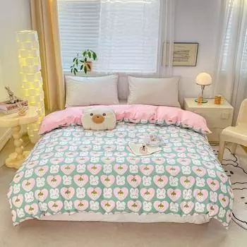 Пододеяльник с рисунком кролика-клубники из мультфильма Kawaii, 100% хлопок, пододеяльник для детей, мальчиков и девочек, мягкое, приятное для кожи постельное белье 160x210cm Single 1pc