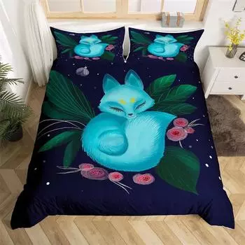 Пододеяльник с рисунком лисы для девочек, кавайный чехол для одеяла с животными, микрофибра, лесные животные, комплект постельного белья Twin Queen для детей и взрослых EU single(135x200cm)