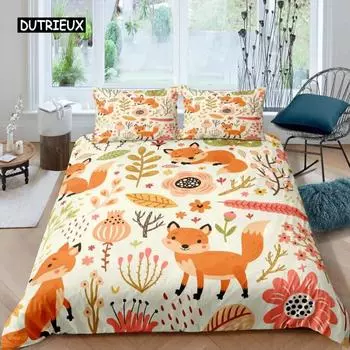 Пододеяльник с рисунком лисы, короля, королевы, комплект постельного белья с милым оранжевым животным и цветочным принтом для детей, для девочек, с цветами и растениями, 2/3 шт., полиэстер, пододеяльник, комплект из трех предметов 140x200cm 3pcs