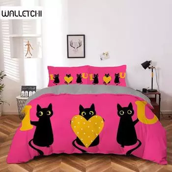 Пододеяльник с рисунком мультяшного кота, комплект постельного белья из микрофибры, черный, с рисунком котенка, желтый, с рисунком сердечек, 2/3 предмета, двуспальное одеяло размера «king-size» EU single(135x200cm)