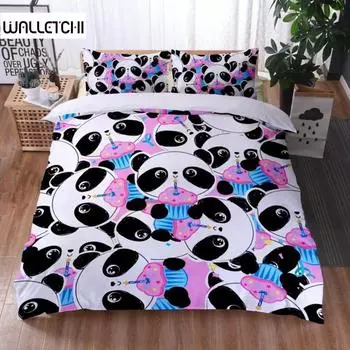 Пододеяльник с рисунком панды King Cute Panda Drinking Water Twin Комплект постельного белья из микрофибры Kawaii Black White Bear Покрывало для одеяла EU single(135x200cm)