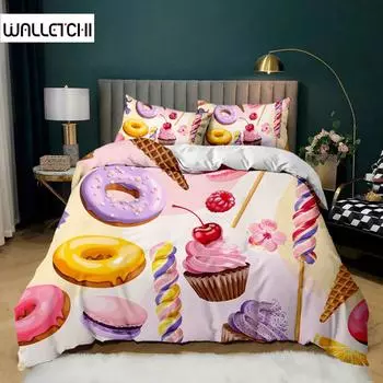 Пододеяльник с рисунком пончика, красочный чехол с узором тай-дай для детей, подарочный комплект постельного белья из полиэстера с милым разноцветным рисунком для десерта и еды EU single(135x200cm)