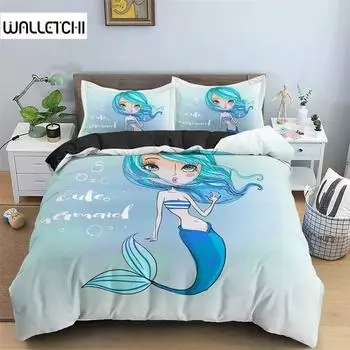 Пододеяльник с рисунком русалки, мультяшный узор, пододеяльники для девочек, спальня, односпальная кровать, двуспальная кровать, размер «king-size», комплект постельного белья, домашний текстиль, 2/3 шт. 135x200cm 2pcs