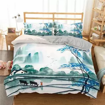 Пододеяльник с рисунком тушью King Queen, китайский пейзаж, комплект постельного белья для взрослых, идиллический пейзаж, горы, полиэстер, пододеяльник 70x133cm 2pcs
