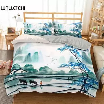 Пододеяльник с рисунком тушью King Queen, китайский пейзаж, комплект постельного белья для взрослых, идиллический пейзаж, горы, полиэстер, пододеяльник EU single(135x200cm)