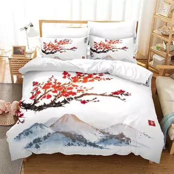 Пододеяльник с рисунком тушью в японском стиле с изображением горы Фудзи, комплект постельного белья с принтом красных вишен для взрослых и подростков EU single(135x200cm)