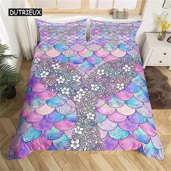 Пододеяльник с рыбьей чешуей, розовая чешуя русалки, разноцветные комплекты постельного белья, пододеяльник из микрофибры для девочек, подарки, украшение комплекта постельного белья US Queen(228x228cm)