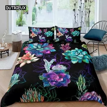 Пододеяльник с суккулентами, комплект постельного белья с зелеными растениями, тропическим ботаническим рисунком, акварелью, стильным принтом природы, двухспальное покрывало EU single(135x200cm)