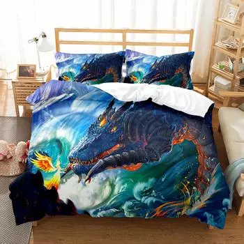 Пододеяльник с темно-зеленым и синим драконом, мифы и легенды Китая, таинственные животные для мальчиков, детей, подростков, украшение для спальни, королева 70x133cm 2pcs