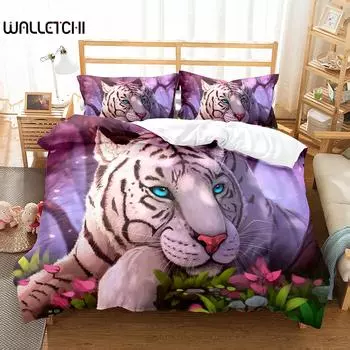 Пододеяльник с тигром, фиолетовый цветок, покрывало для мальчиков, африканское сафари, дикие животные, большая кошка, королева, король, полиэстер, пододеяльник EU single(135x200cm)