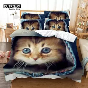 Пододеяльник с забавным котом из микрофибры для домашних животных, комплект постельного белья Full King для детей, любителей кошек, декор, милые животные, пододеяльник, наволочки EU single(135x200cm)