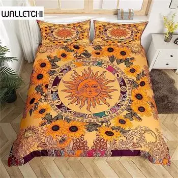 Пододеяльник с желтым солнцем и луной Пододеяльник с изображением подсолнуха Винтажное индийское бохо Цветочное постельное белье Цветная мандала Племя Богемный стиль EU single(135x200cm)