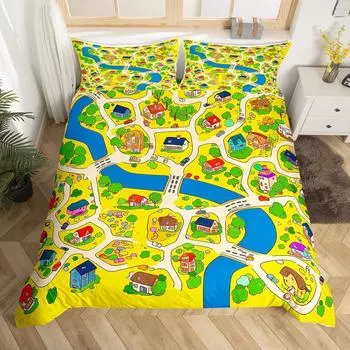 Пододеяльник в деревенском стиле с изображением домика на дереве и граффити в деревенском стиле, комплект постельного белья с изображением природы, пододеяльник с изображением синей реки EU Single(135x200cm)