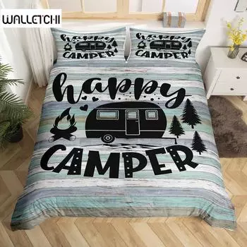 Пододеяльник в деревенском стиле с рисунком в виде эскиза, наволочка из полиэстера с рисунком Happy Camper, наволочка для пододеяльника в стиле старого амбара EU single(135x200cm)