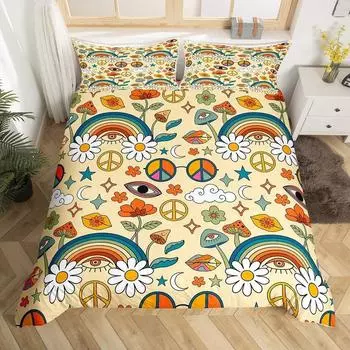 Пододеяльник в стиле ретро 70-х годов в стиле хиппи из микрофибры с психоделическим рисунком в виде грибов, комплект постельного белья, подарочный декор для комнаты, радужное цветочное одеяло EU single(135x200cm)