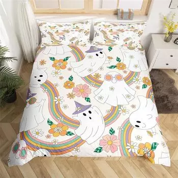 Пододеяльник в стиле ретро с хиппи и цветами, комплект постельного белья с радужными цветами из полиэстера, комплект постельного белья с изображением привидения из мультфильма, 60-е годы, 70-е годы, отличное постельное белье 135x200cm 2pcs