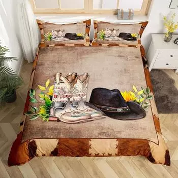 Пододеяльник в стиле вестерн-ковбой, комплект постельного белья Twin King Cowboy Boots Hat Floral Exotic Farmhouse Cowboys Patchwork EU single(135x200cm)
