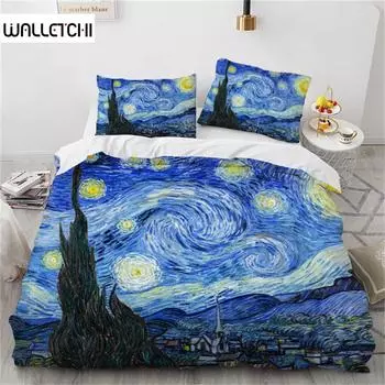 Пододеяльник Звездная ночь Картина маслом Ван Гога Комплект постельного белья из полиэстера Пейзаж Небо Звездное искусство Одеяло Покрывало для детей и взрослых Спальня EU single(135x200cm)