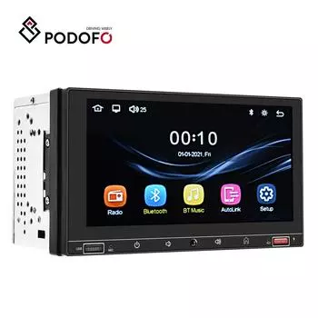 Podofo 2 Din 7 дюймов HD емкостный сенсорный экран Автомобильный MP5-плеер с Carplay Android Auto Bluetooth FM-радио USB Внешний микрофон Вид сзади