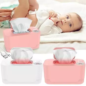 Подогреватель детских салфеток с цифровым светодиодным дисплеем и большой емкостью. Диспенсер для подогрева влажных салфеток с питанием от USB. Регулируемая температура нагрева. розовый