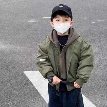 Подростки Мальчики Зима Лоскутная Молния Утолщенная Верхняя Одежда Пальто Корейский С Капюшоном Бейсбольный Костюм Мальчик Поддельные Два Топа 150cm чёрный