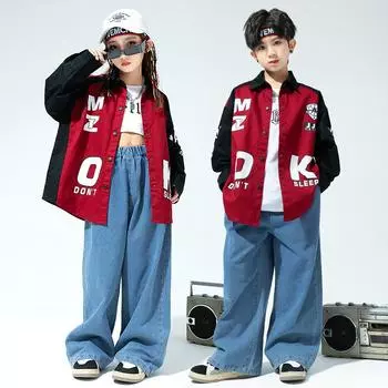 Подростковая одежда хип-хоп костюм для девочек джазовый уличный танцевальный костюм детская рубашка с длинным рукавом джинсовые брюки комплекты одежда для бальных танцев одежда 180