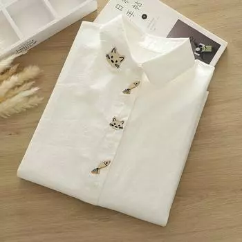 Подростковая женская рубашка с длинным рукавом, ученица средней школы, чистый хлопок, блузка в студенческом стиле, одежда для старшеклассниц, свежая весенняя одежда, женская White cat fish L