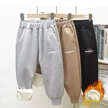 Подростковые брюки для 2-11 лет, однотонные, для мальчиков и девочек, повседневные, утепленные, спортивные, зимние, детские, плюс, бархатные брюки 90cm