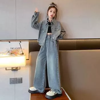 Подростковые весенние комплекты для девочек из 2 предметов, джинсовая куртка для девочек младшего возраста, джинсовые прямые брюки для девочек начального возраста, для девочек 6-12 лет 150 синий