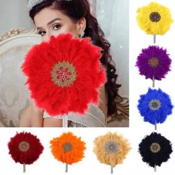 Подружка невесты с веером, большое круглое перо, односторонний реквизит для фотосессии со стразами, африканская невеста, ручная веер, свадебные принадлежности зелёный