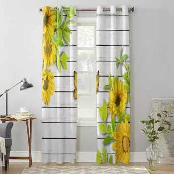 Подсолнечник Цветок Бабочка Деревянная Доска Шторы на Окне для Гостиной Спальни Шторы Современные Кухонные Жалюзи Портьеры Шторы 135W x 60H(cm) x1