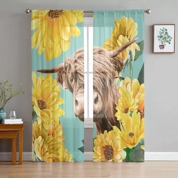 Подсолнух Альпийский Як Смешные Шторы Для Гостиной Прозрачный Тюль Шторы Окна Прозрачные Для Спальни Аксессуары Декор W135 x H114cm