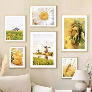 Подсолнух Цветочное поле Девушка Ветряная мельница Картина на холсте Весенние постеры и принты Пейзаж настенные художественные картины для декора гостиной 21X30cm No Frame