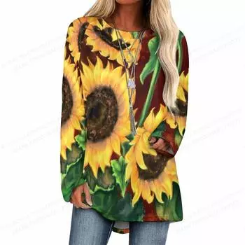 Подсолнух футболка Футболки Женская мода футболка Essential футболка Топы с длинным рукавом Футболки женские туники Топы женская одежда Цветок S