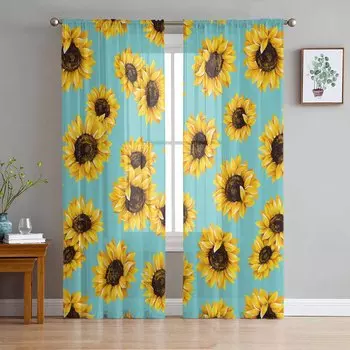 Подсолнух Прозрачные шторы для гостиной, оконные шторы для кухни, тюль, вуаль, органза, шторы W135 x H115cm x1