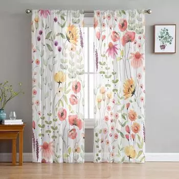 Подсолнухи, листья эвкалипта, цветы мака, вуаль, прозрачные шторы для гостиной, окна, тюль, занавеска для кухни, спальни, домашний декор 135W x 114H(cm)