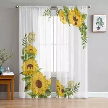 Подсолнухи на белом фоне Тюлевая оконная занавеска для гостиной, спальни, вуаль, прозрачные шторы, кухонные шторы, занавески 135W x 114H(cm)