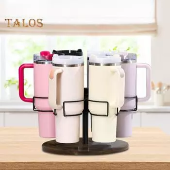 Подстаканник-органайзер для стаканов объемом 40 унций с вращающейся конструкцией, 6-кольцевая подставка для стаканов для хранения на кухне и декора, подставка под стакан из углеродистой стали чёрный