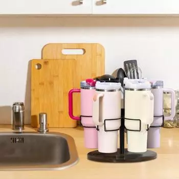 Подстаканник Yousheng 40 Oz, органайзер с вращающейся конструкцией, 6-кольцевая подставка для чашек для хранения на кухне и декора, подставка из углеродистой стали чёрный