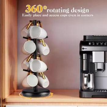 Подстаканники Деревянная вращающаяся подставка для чашки с 8 крючками Кофейная кружка Дерево для прилавка Держатель для кофейной кружки Кофейный бар Дисплей Стенд